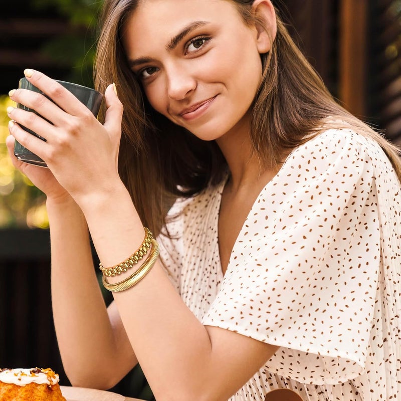 MPRAINBOW 2pcs 18K Gold Plated Chain Link Bracelet, Stainless Steel Crystal Friendship Bracelets Bangle,Watch Band Chains Wristband Jewelry with Adjust Tool - Image 3